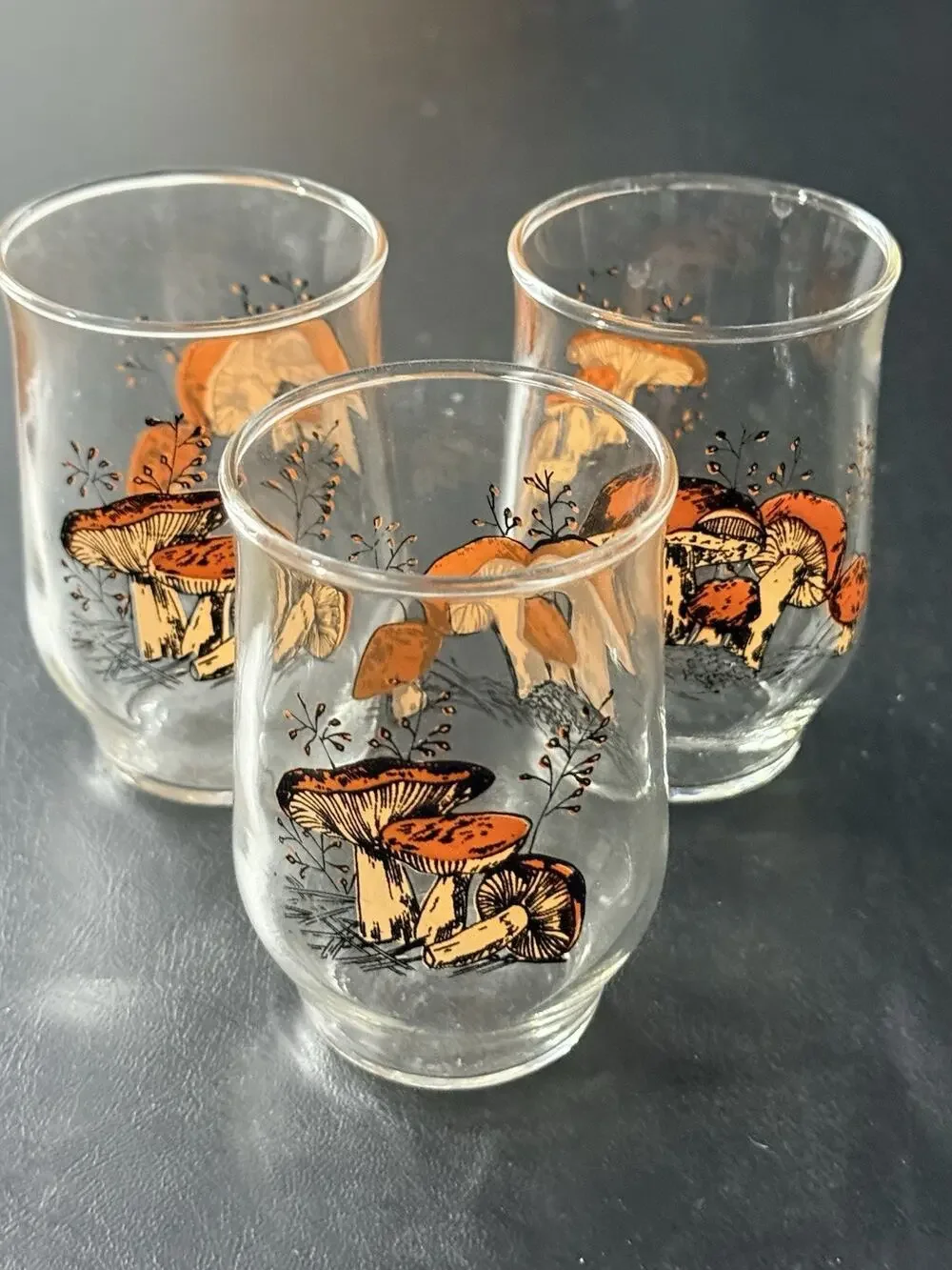 1970s Mushroom Juice Glasses Set of 3 Orange Toadstool Cottagecore Retro Barware